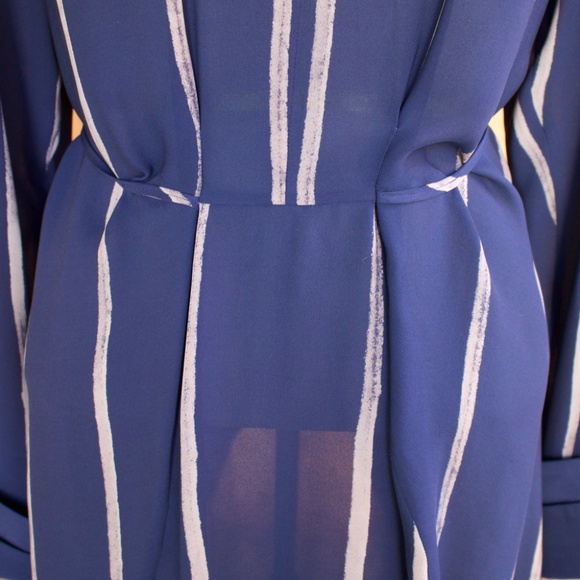 Catherine Bacon 100% Silk Blue & White Stripe Double Collar High Low Blouse XS - Picture 13 of 17